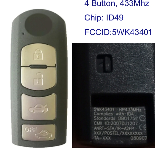 MK540074 4 Button 433MHz Smart Key Control for Mazda Auto Car Key Fob CMII ID:2007DJ1207 FCC ID:5WK43401