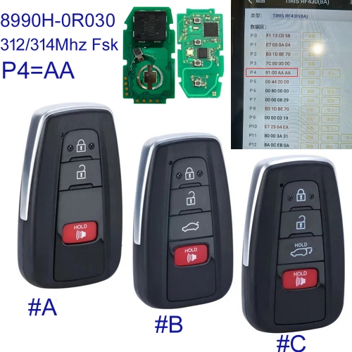 MK190540 231451-0351 Smart Key For T-oyota Camry RAV4 Prius 2018-21 Highlander Avalon 8990H-0R030 HYQ14FBC 312/314 MHZ 8A Chip P4=AA USA Brazil Market