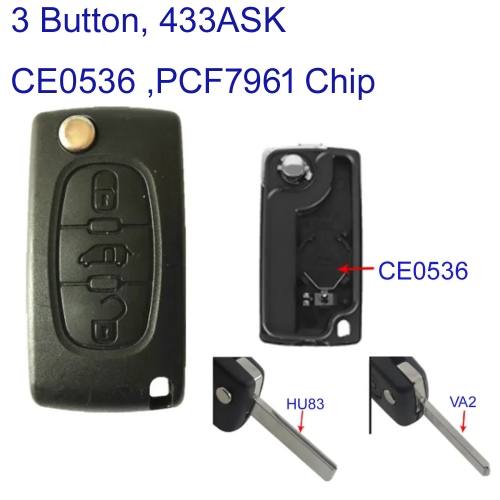 MK240076 3 Button CE0536 433mhz ASK Flip Remote Key for C-itroen HU83 VA2 Blade PCF7961 