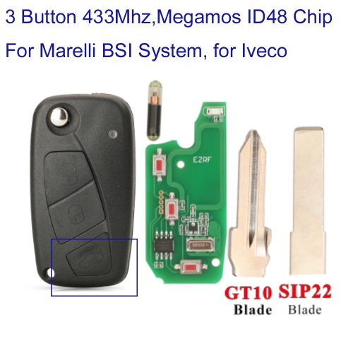 MK330053 3 Button 433mhz Flip Remote Key for Fiat Iveco Daily 2006-2011 Control SIP22 GT10 Megamos Crypto ID48 For Marelli BSI System