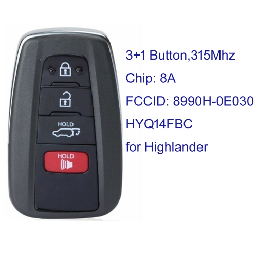 MK190549 3+1 Button 315MHz Smart Key for T-oyota Highlander 2020-2021 Smart Key 8990H-0E030 HYQ14FBC Keyless Go Proximity Key