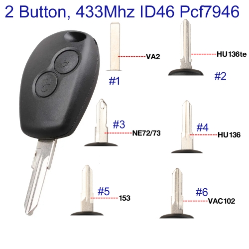 MK230087 2 Button 433MHz Head Key for R-enault Kangoo Car Key Fob With PCF7946 ID46 Chip