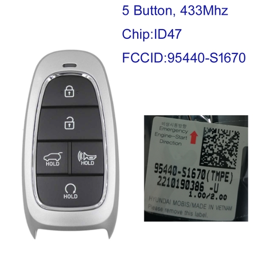 MK130271 5 Button 433MHz Smart Key for H-yundai Santa Fe 2023 Remote FCC ID: TQ8-FOB-4F27 P/N: 95440-S1670 Keyless Go with ID47 Chip Auto Car Key
