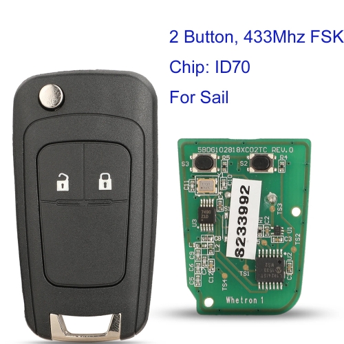 MK280109 2Button 433Mhz FSK Remote Flip Key for Chevrolet Sail Foling Key Fob With Chip ID70