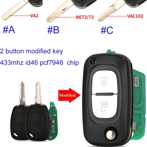 MK230089 2 Buttons Modified PCF7946 433MHZ Remote Car Key For Vauxhall/Opel Vivaro/ R-enault Movano Trafic Kangoo Auto key