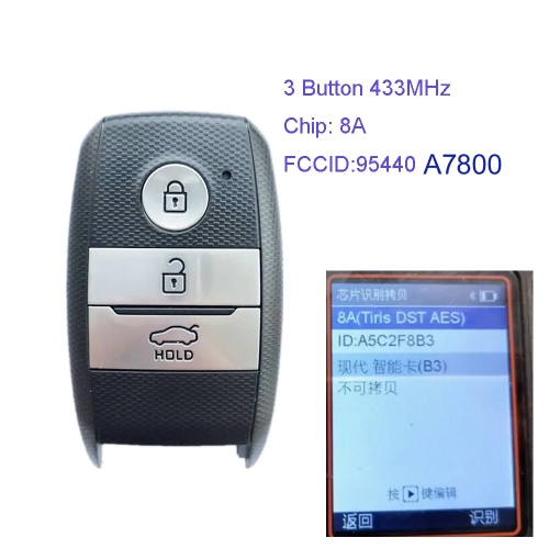 MK130114 3 Button 433MHz Smart Key Remote Control for K-IA K3 95440-A7800 Keyless Go with 8A Chip Auto Car Key Fob