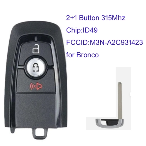 MK160227 2+1 Buttton 315MHz Remote Key for Ford 2021-2024 Bronco Smart Key M3N-A2C931423 with ID49 Chip Keyless Go