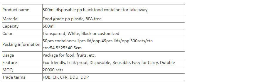 500ml disposable pp black food container for takeaway