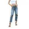 Distressed Ripped Hole Straight Leg Women Jeans
