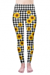 High waist leggings sunflowers black gird