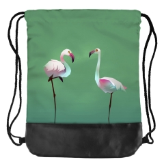 Leather bottom drawstring bag flamingos in water