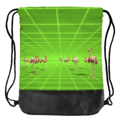 Leather bottom drawstring bag flamingo cyber space