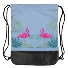 Leather bottom drawstring bag paper flamingos