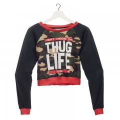 短卫衣黑袖迷彩字母THUG LIFE CAMO