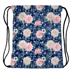 Drawstring bag roses blue grid