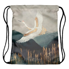 Drawstring bag flying white crane