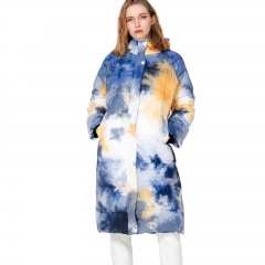 Blue Yellow tie-dye long hooded down jacket