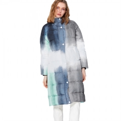 Blue Grey tie-dye long hooded down jacket