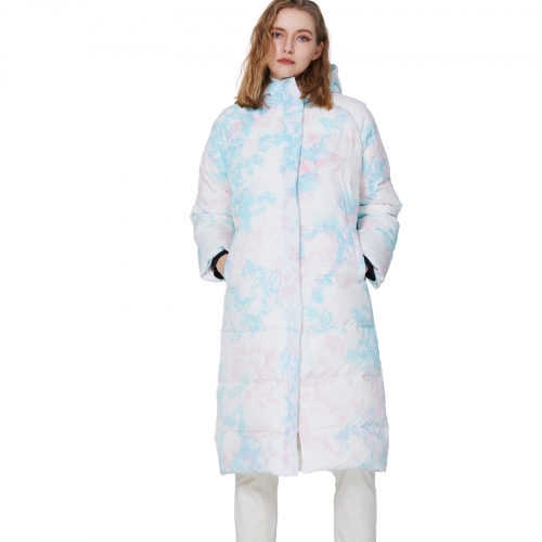 Pink Blue tie-dye long hooded down jacket