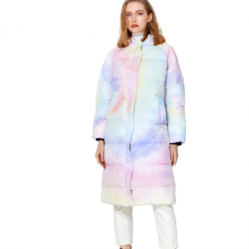 Colorful tie-dye long hooded down jacket