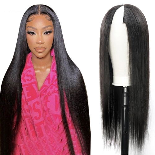 Straight #1B Natural Black V Part Wigs 100% Virgin Human Hair 180% Density