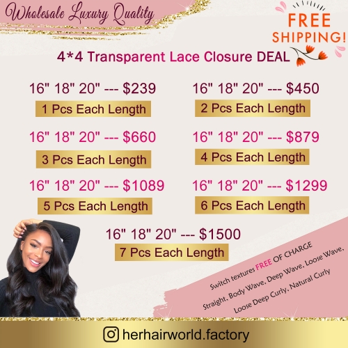 Wholesale Luxury Quality 4*4 Transparent Lace Closure Deals