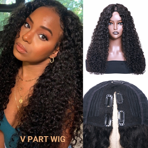 Kinky Curly #1B Natural Black V Part Wigs 100% Virgin Human Hair 180% Density