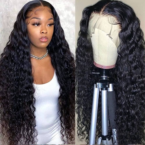 Natural Black Water Wave Full 13*4 Frontal Transparent Lace Wig 100% Virgin Human Hair Wig Big Lace Wig For Women