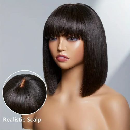 Put On And Go Realistic Glueless Black Straight Bob With Bangs Minimalist Undetectable HD Lace Wig 100% Human Hair