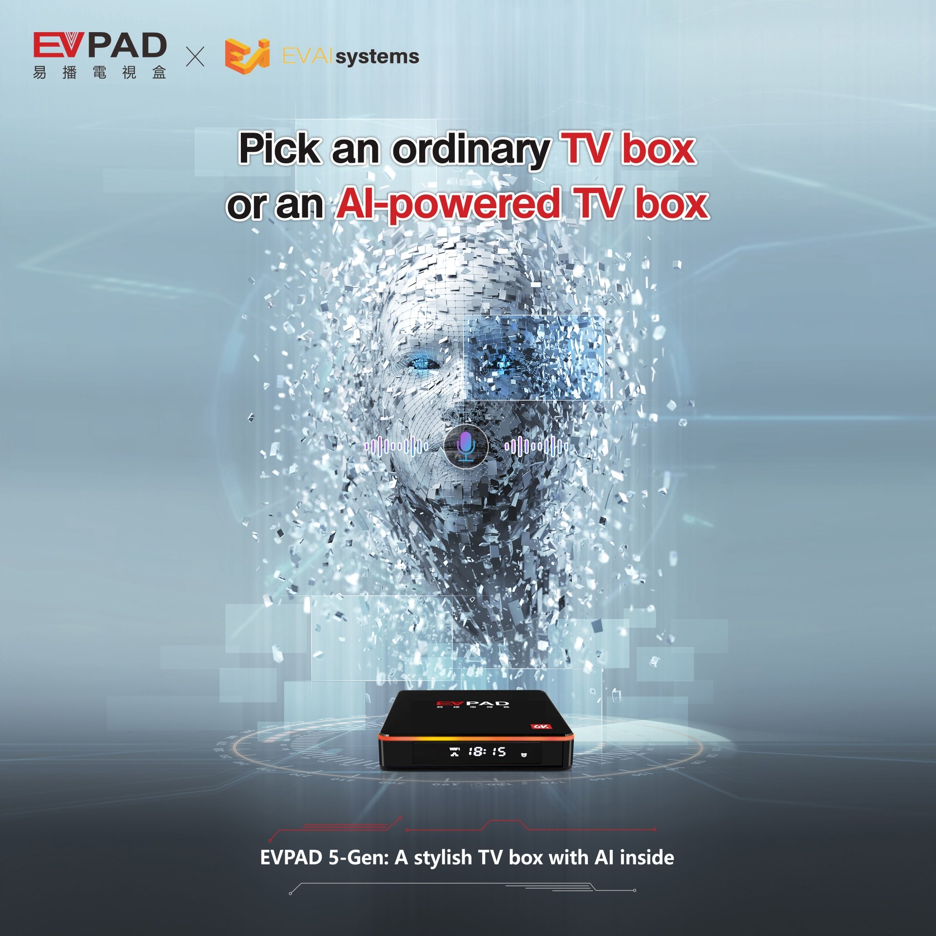 EVPAD A TVbox com controle de voz inteligente e seleção de vários países