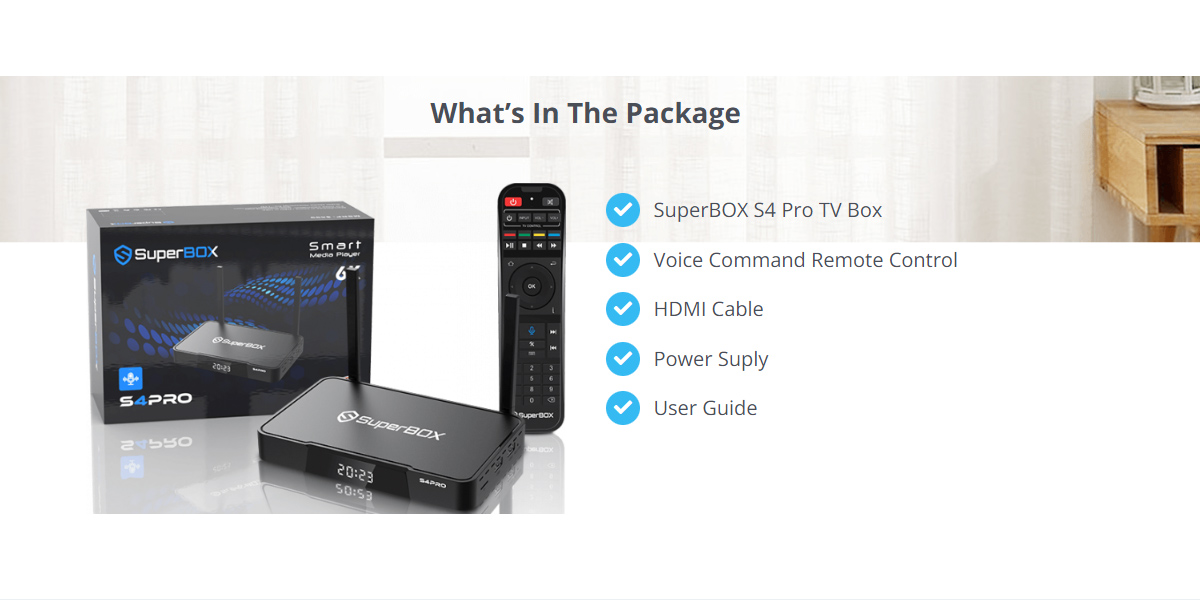 What's in the package of SuperBox S4 Pro TV box?