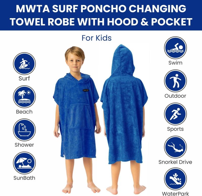 MWTA Surf Poncho for Kids with Hood, Quick Dry 80% Microfiber Polyester Changing Robe Beach Towel W/Outside Pocket - Outdoor, Surfing, Swimming, Bathing, Travelling, Camping, Pool (Angel Blue)…