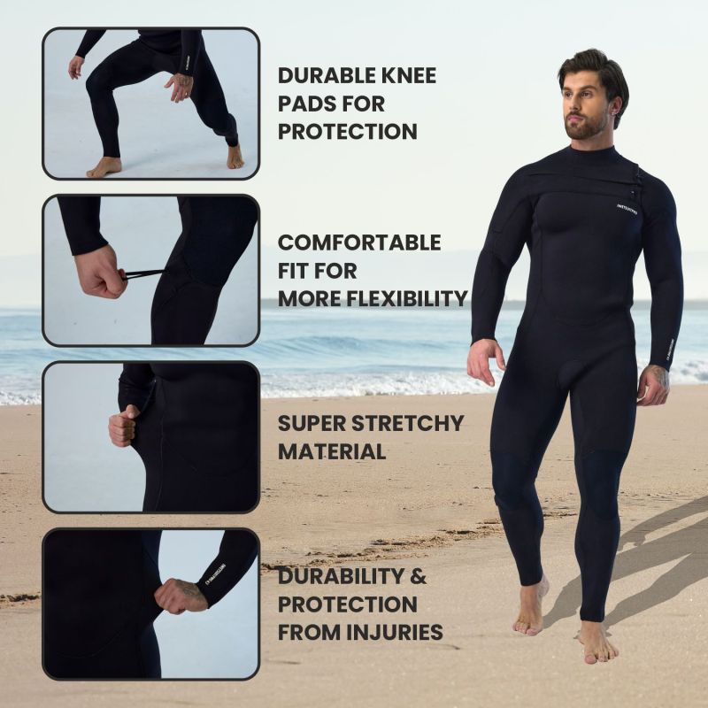 MWTA Surfing Wetsuits for Men, Chest Zip Surf Suit, Neoprene Fullsuit W/GBS Seams, Flexible & Stretchy Full Body Wet Suit for Windsurfing (Black)