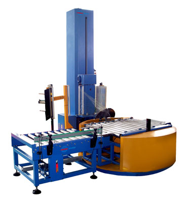 online pallet stretch wrapping machine with out-feed conveyor