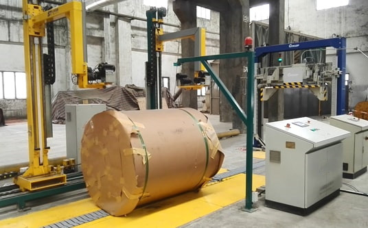 raw paper material-paper jumbo roll wrapping, tilting and conveying line