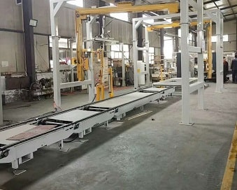fully automatic rotary arm pallet wrapping line with conveyor