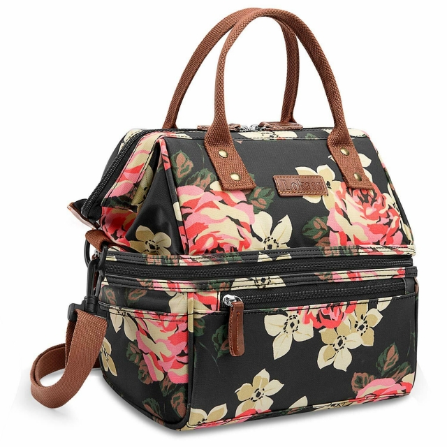 Leak-Proof Lunch Bag Wide Insulated Box Double/Dual Large Capacity Cooler Tote Flower Printed