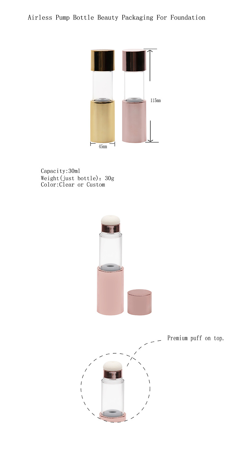 Fancy Airless Cosmetic Bottles Puff On Top Customized Logo Printing