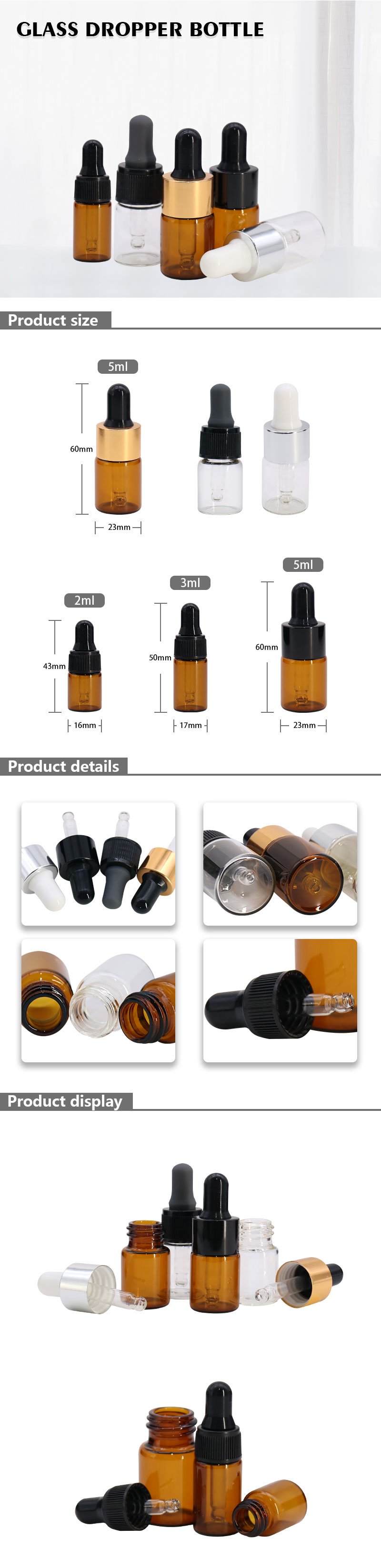 Empty Amber Glass Dropper Bottles , Offset Printing Mini Dropper Bottles