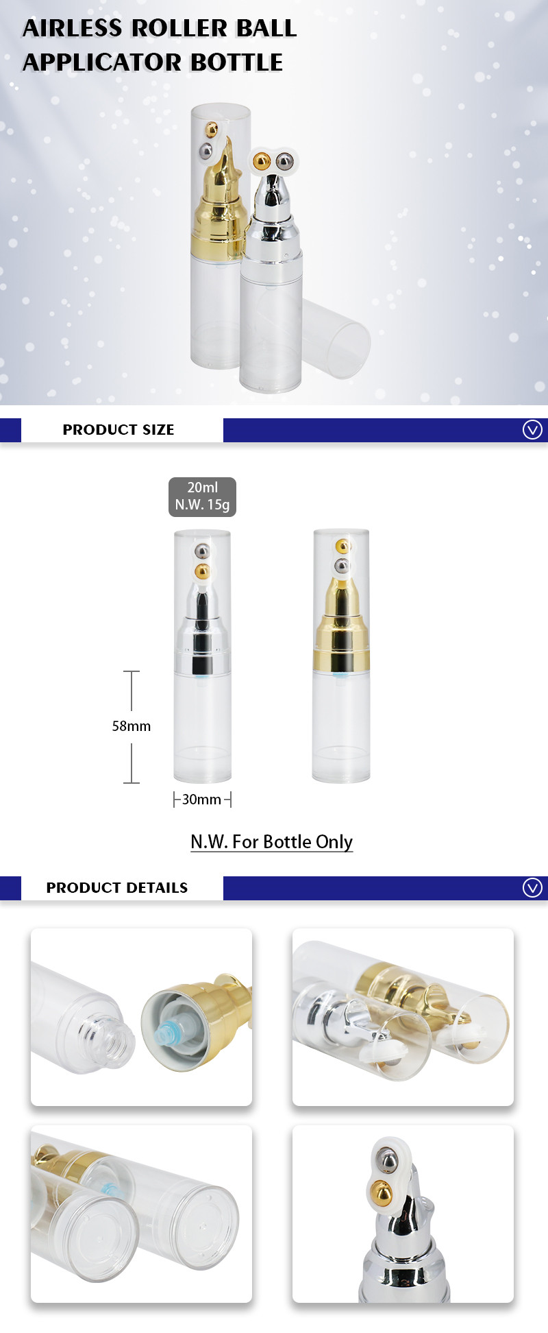 20ml Airless Cosmetic Bottles With Roller Ball Applicator , Eye Cream Packaging Bottle