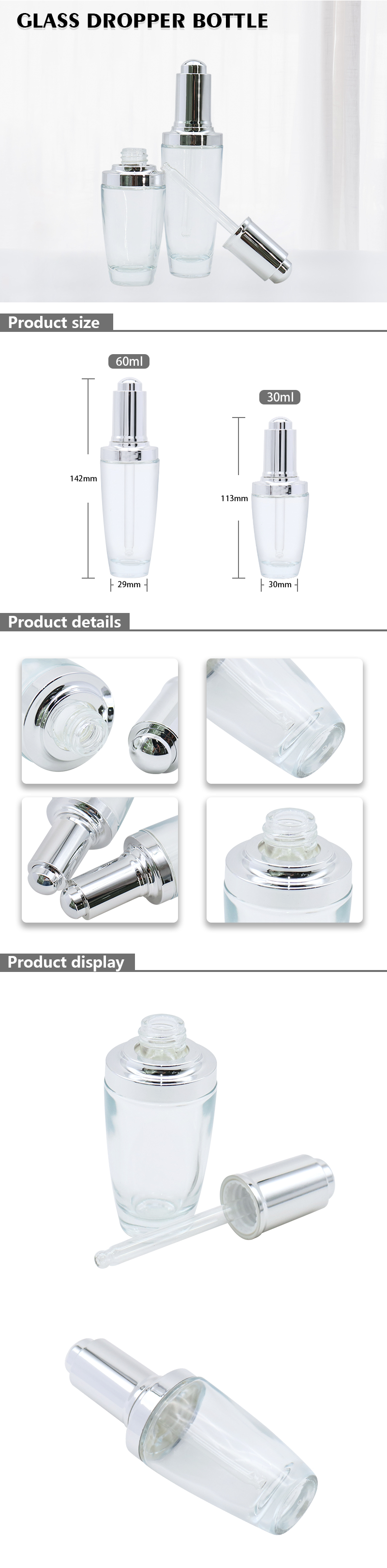 Silver Cap Dropping Bottles , Hair Essence Oil Glass Dropper Bottles Wholesale