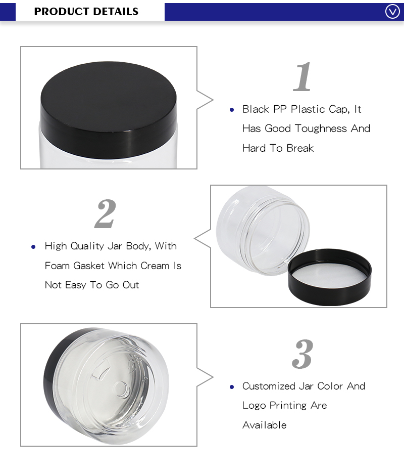 Custom 16 Oz 8Oz Black Plastic Cosmetic Jars With Label