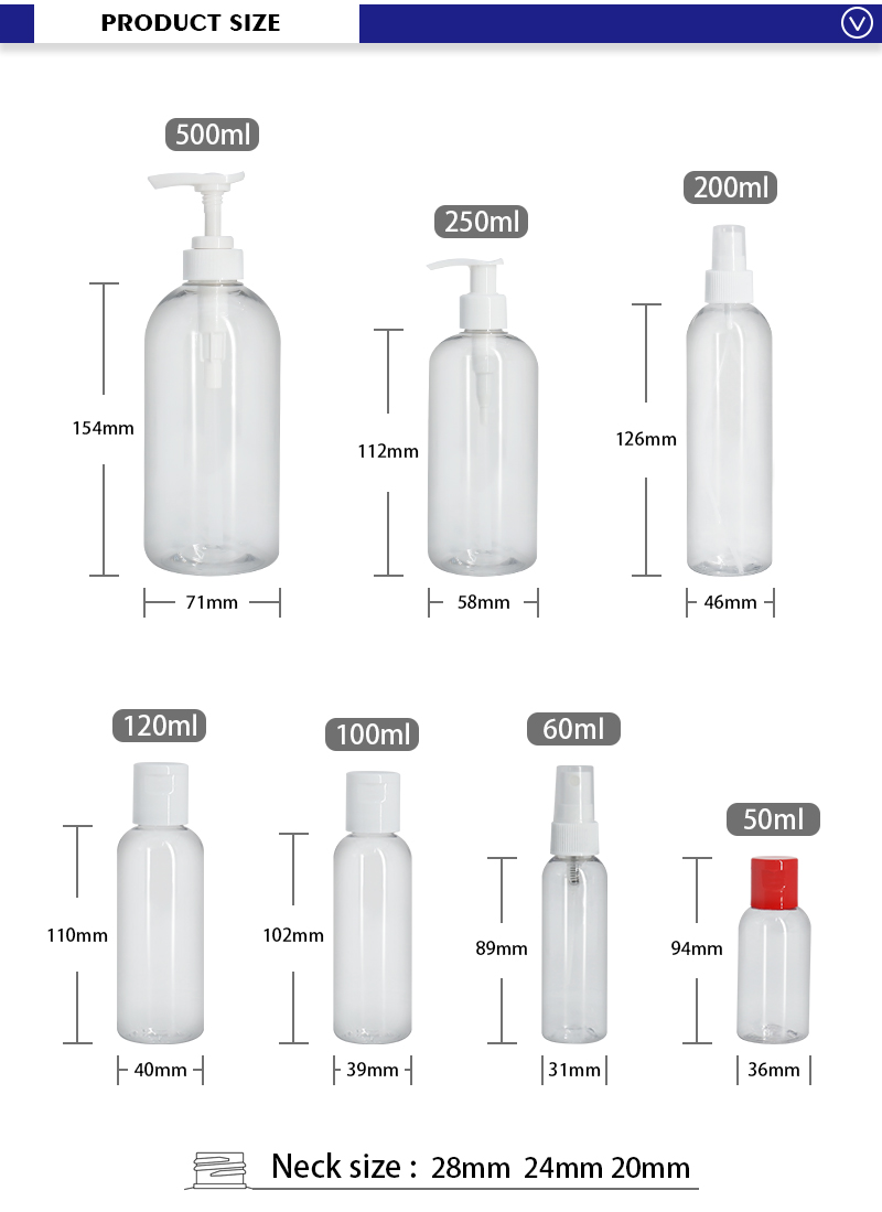 Botella de spray desinfectante de plástico transparente 50ml 100ml 200ml 250ml