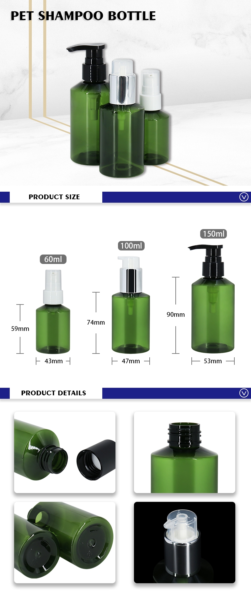 60ml 100ml 150ml Botellas de spray de niebla fina cosmética verde, botellas de champú