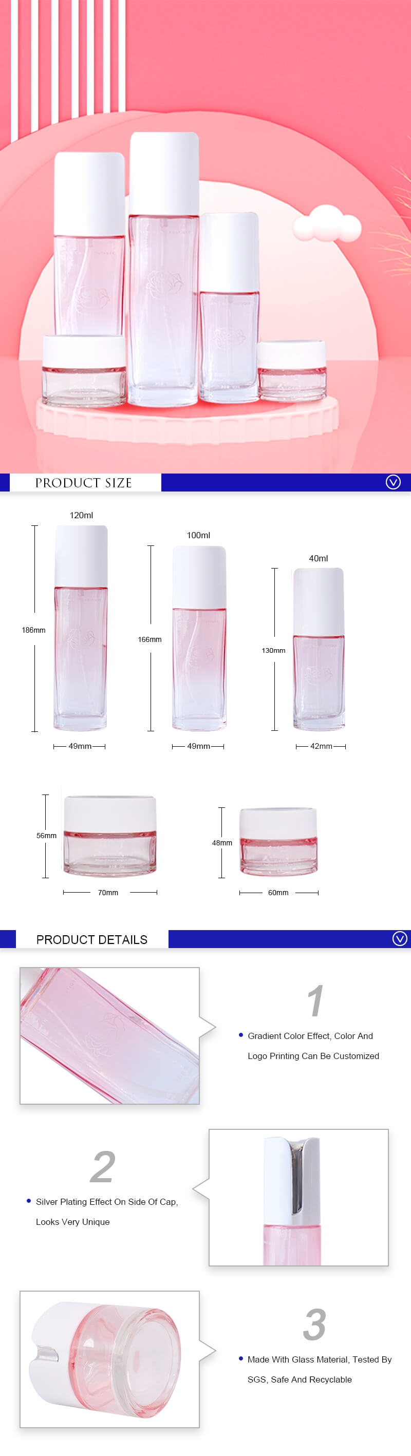 Venta al por mayor Gradient Pink Glass 30ml Frascos cosméticos y botellas de loción con bomba