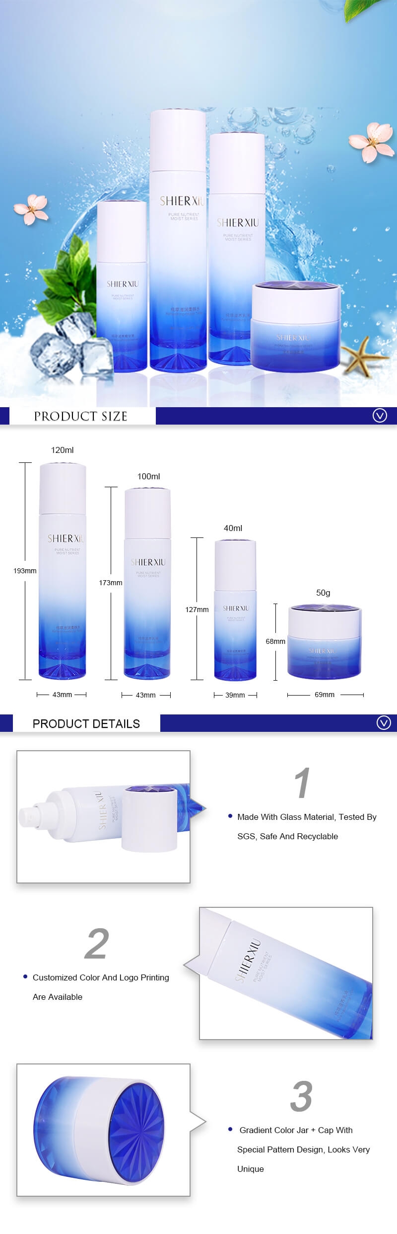 Tarro cosmético clásico del cilindro 50g y botellas de cristal de la loción de 100ml 120ml