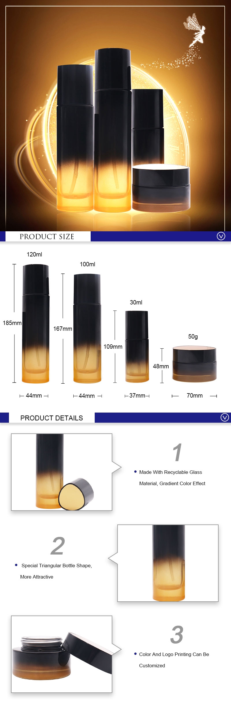 Botellas de bomba de crema de vidrio de triángulo de lujo y tarro de envase cosmético