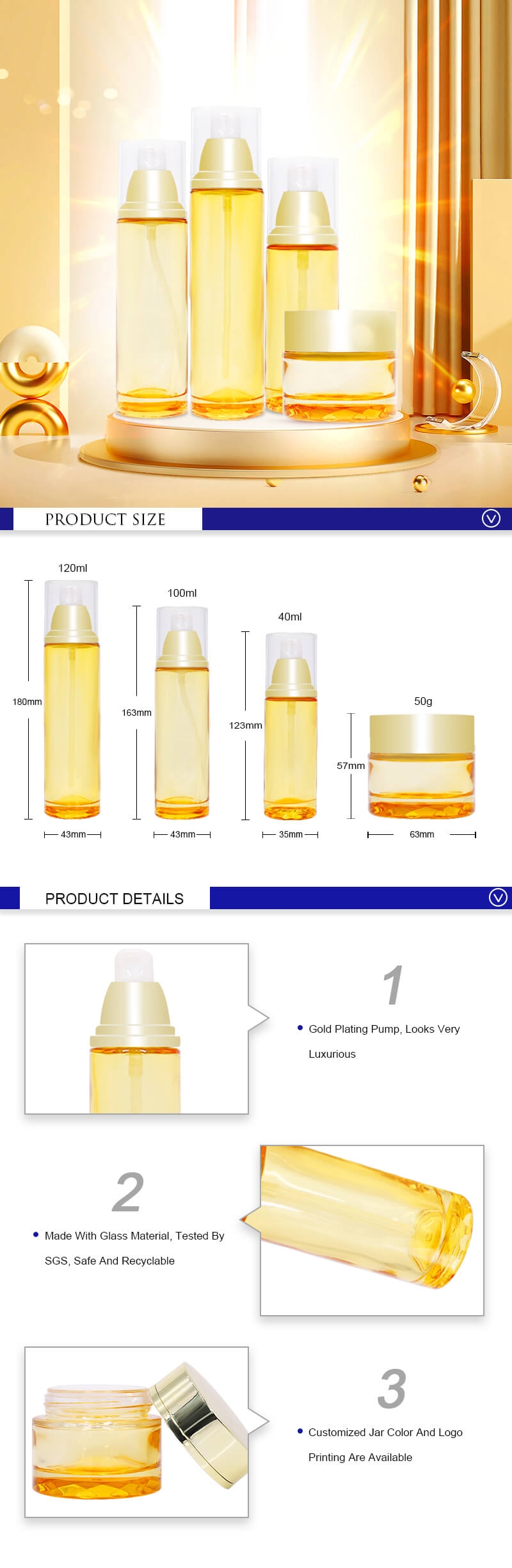 Botellas de loción de vidrio amarillo claro con bomba y tarro de crema para el cuidado de la piel