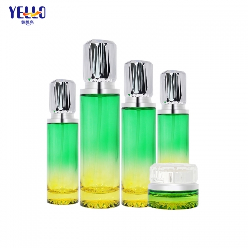 Luxury Green Yellow Glass Cream Jars And Lotion Bottles With Pump