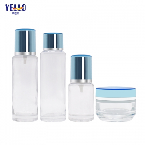 Botella de vidrio con bomba de loción de suero transparente y tarro de crema de vidrio de lujo de 50 ml